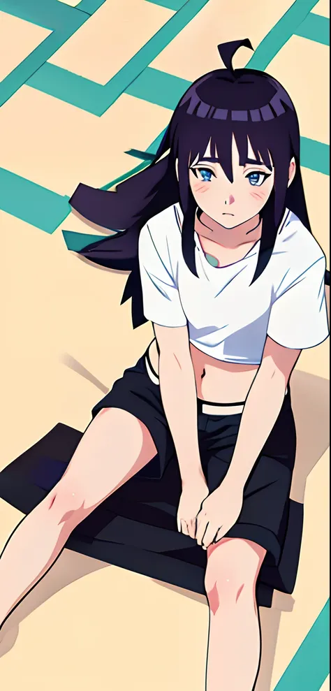 a cartoon of a girl sitting on the ground with a ball, hinata hyuga, hinata hyuga from naruto, sakura petals around her, her expression is solemn, blunt bangs, blue eyes, looking down, crop top, pants, coloured images, ((long hair))