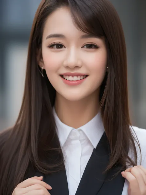 ((Best Quality, 8k, Masterpiece: 1.3)), 1 girl, smile, full body, slim face, pretty woman, short dark brown hair, white crisp shirt on upper body, black straight suit pants on upper body, high heels, super detailed face, detailed eyes, double eyelids, blur...