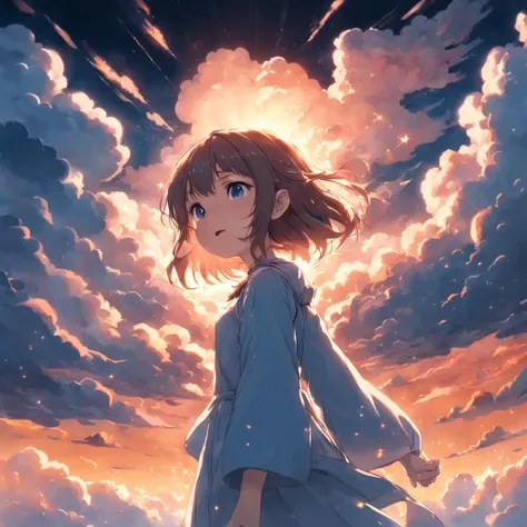 masterpiece, best quality, movie still, 1girl, cloud girl, floating in the sky, close-up, bright, happy, warm soft lighting, sunset, (sparks:0.7)