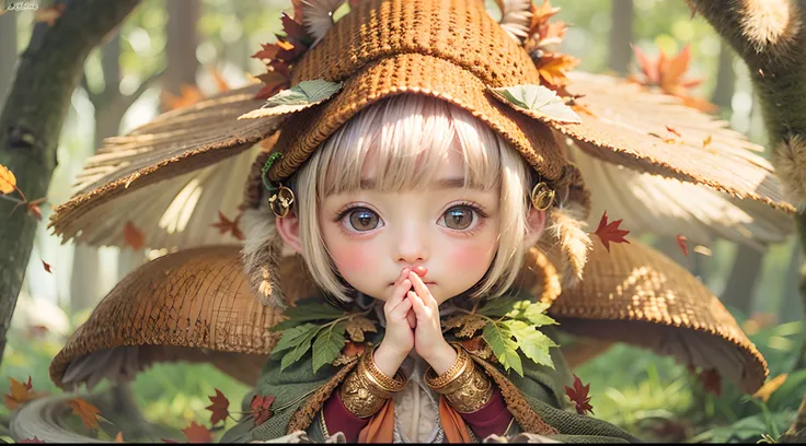 autumnal、Deep in the Mystical Forest、Mysterious little animal dressed as forest fairy in the middle of fallen leaves、NOhumans, however、Standing on two legs、Have nuts、Symbol of abundance、Very cute、Very realistic, photograph, Super Detail, high details, High...