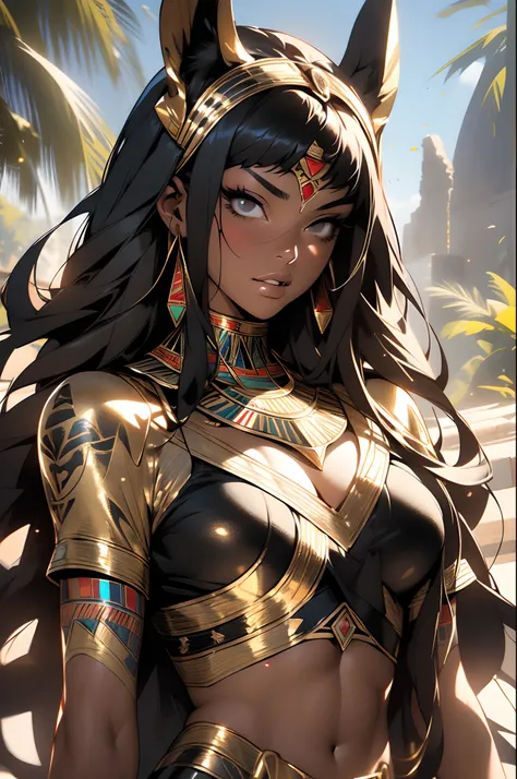 ((Frank Frazetta)), beautiful black woman, Beautiful black eyes、 Egyptian woman, (Glossy Egyptian ornaments), muscular and perfect body,(top-quality、8K、32K、​masterpiece、nffsw:1.3)、超A high resolution,(Photorealsitic:1.4),, long black hair with heavy bangs o...