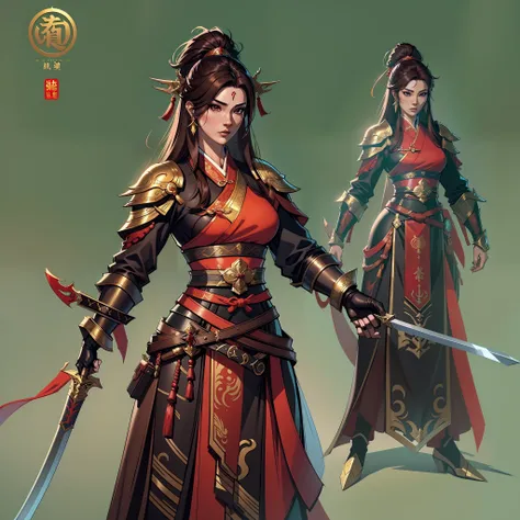 a close up of a strong amazon woman in her 30s, with brown eyes and brown hair, wearing a black and red assassins clothes, a heroine with brown eyes, female holding katana, mage with shadow magic, standing in a chinese temple, new costume concept design, i...