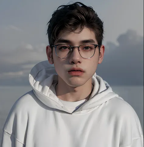 (masterpiece:1.2), (best quality:1.2), hyper realistic,highestres,absurdres,extremely detailed,volumetic,dramatic lighting,(frontal view),
20 year old boy,face,detailed eyes, light grey hoodie, black t-shirt, with background ((sky))