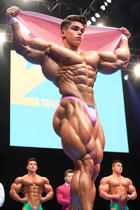 A teen in the bodybuilding competition, on stage with others bodybuilders at his sides of 15 years old (Mexican ethnicity) wearing a tiny trunks (pink trunks) tan skin massive muscular bodybuilder with extraordinary biceps pectorals triceps traps, plump, G...