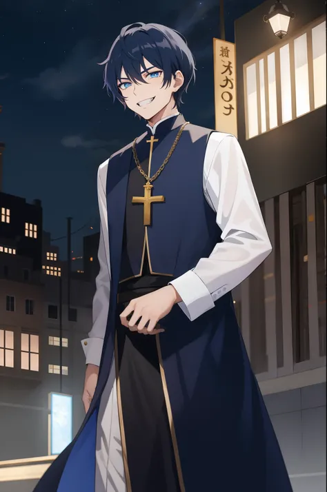 1men, short hair, dark blue hair, light blue eyes, evil smile, priest clothes, night city