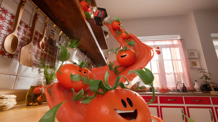 Hay una gran escultura naranja de un tomate con una sonrisa en ella, Monstruo del tomate, Salpicaduras de tomate, Tom Hanks como la mascota de Tomato Hanks, Pixar renderman render, Cuerpo de tomate Forest Gump, Arte CG, Renderizado en Renderman, c 4 d ", T...