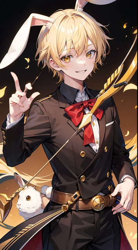 Young guy, blonde hair with brown strands, Yellow eyes, brown rabbit ears, Smile, Bow and arrow, Masterpiece, hiquality