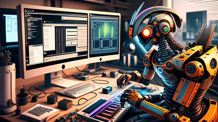 Image of a robot designer working on a project on a computer with a large monitor, with various design software and tools open on the screen, ((non-humans)) --auto --s2