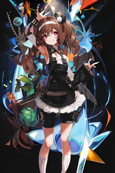 （Master parts、Best quality、extremely detaile:1.5）BREAK 1girl，Focus only，Girl with brown eyes，Medium brunette curly wavy，Freckles and dimples on the face，Large eyelashes，Gamer headset around the neck，Details and neon around and sparks。