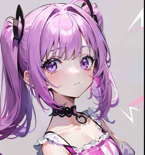 Magenta hair，Short double ponytail，Figure-eight bangs block the left and right sides of the face，Looks cute and has a small face，Wearing a cute purple and white dress，It is a sweet girl loli type，of cute cute girls