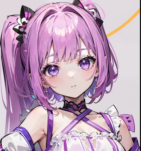 Magenta hair，Short double ponytail，Figure-eight bangs block the left and right sides of the face，Looks cute and has a small face，Wearing a cute purple and white dress，It is a sweet girl loli type，of cute cute girls