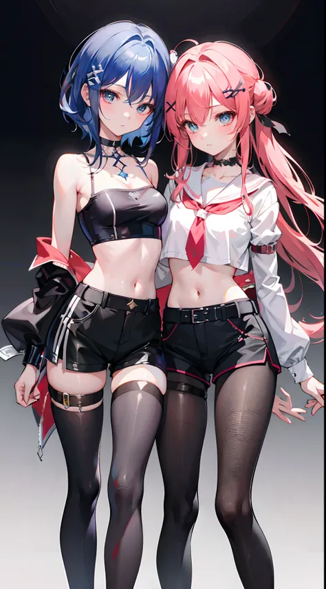 masterpiece,best quality,official art,extremely detailed CG unity 8k wallpaper, 2girls, adorable girl, yuri, hair ornament, short shorts, crop top, pantyhose, ribbon_choker, leg belt,