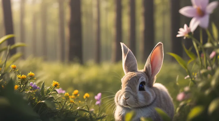 Close-up photo of a rabbit in the sunny forest，clean backdrop，depth of fields，largeaperture，photography of，during night，butterflys，volume fog，Halo，blooms，Dramatic atmosphere，at centre，the rule of thirds，200mm 1.4F macro shooting