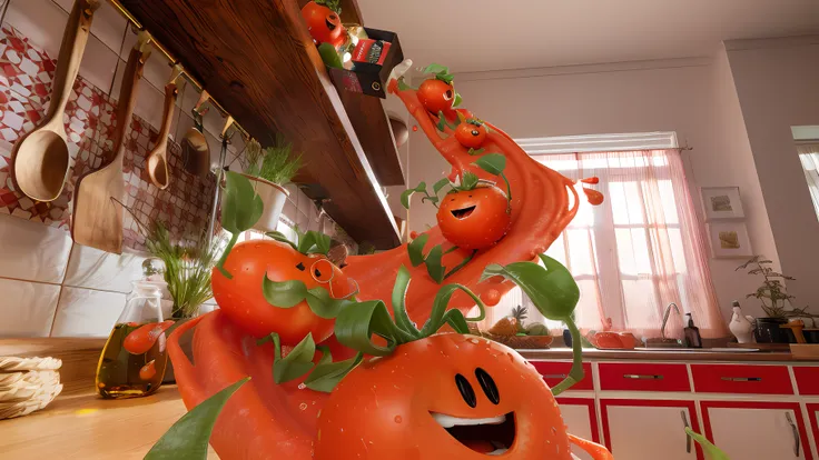 Hay una gran escultura naranja de un tomate con una sonrisa en ella, Monstruo del tomate, Salpicaduras de tomate, Tom Hanks como la mascota de Tomato Hanks, Pixar renderman render, Cuerpo de tomate Forest Gump, Arte CG, Renderizado en Renderman, c 4 d ", T...