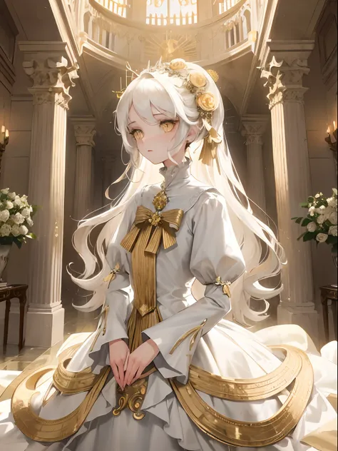 1woman, drenched white long wavy hair, swept bangs, ((golden eyes)), intricate gown, inside of a marble castle background, dress fluttering, Victorian dress