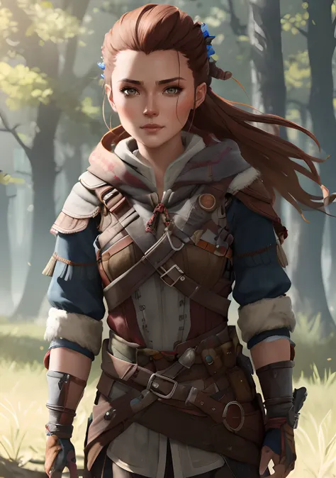 a close up of a woman in a brown outfit holding a sword, aloy, aloy from horizon: zero dawn, aloy from horizon zero dawn, wojtek fus, stunning character art, artwork in the style of guweiz, character art portrait, alexandra fomina artstation, detailed char...