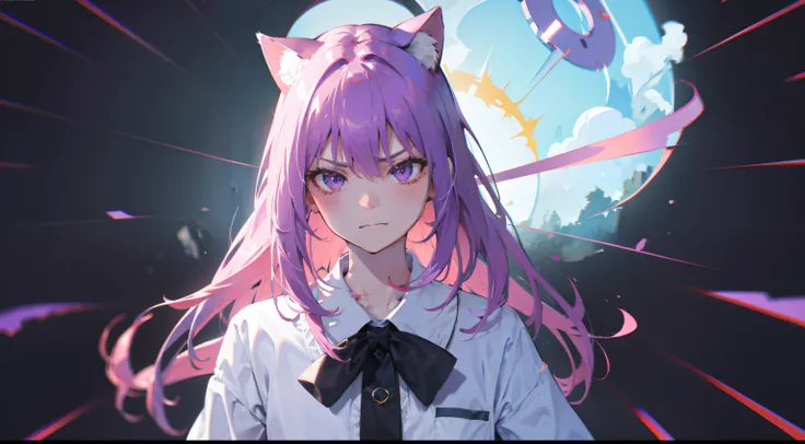 purple hair, hair over shoulder, eye reflection, eyeball, cat ears, angry, ribbon, Surrealism, cinematic lighting, ray tracing, chromatic aberration, high quality, highres, super detail, anatomically correct, textured skin, best quality