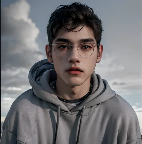 (masterpiece:1.2), (best quality:1.2), hyper realistic,highestres,absurdres,extremely detailed,volumetic,dramatic lighting,(frontal view),
20 year old boy,face,detailed eyes, gray hoodie, black t-shirt, with background ((sky))