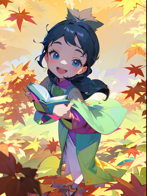 Cartoon girl in dress holding a book in a leaf field，cute female child，maple leaves，fall season，The book in his hand is open，Smile Expression，Black hair