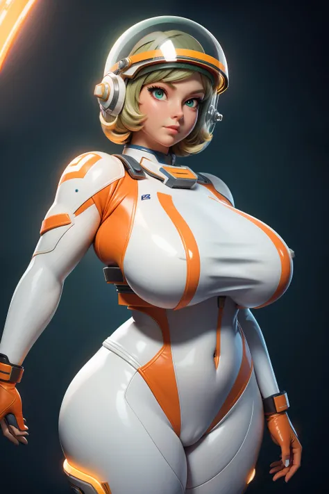 gorgeus voluptuous space cadet girl, bubble glass helmet, white and orange rebreather, deep green almond-shaped eyes, short blond hair, perfect huge breasts, voluptuous wide hips, muscular thighs, muscular arms, sexy voluptuous belly, massive huge cameltoe...