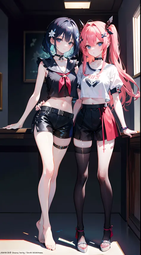 masterpiece,best quality,official art,extremely detailed CG unity 8k wallpaper, 2girls, adorable girl, yuri, hair ornament, short shorts, crop top, pantyhose, ribbon_choker, leg belt,