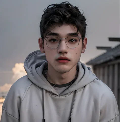 (masterpiece:1.2), (best quality:1.2), hyper realistic,highestres,absurdres,extremely detailed,volumetic,dramatic lighting,(frontal view),
20 year old boy,face,detailed eyes, gray hoodie, black t-shirt, with background ((sky))