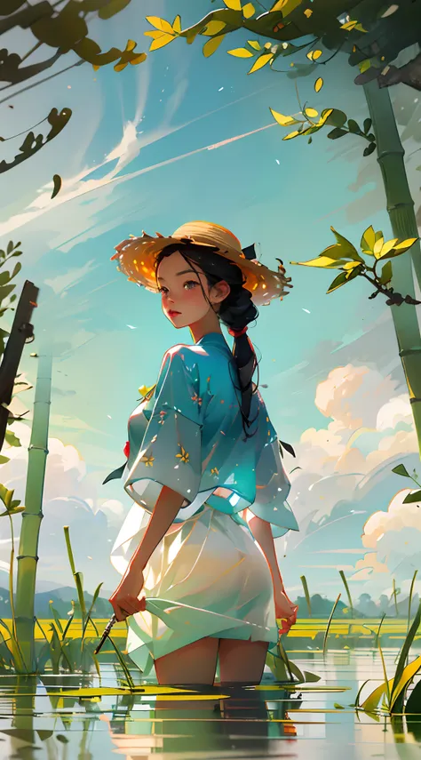 Super realistic scene, inside the paddy field, a little black girl with a double ponytail is Working hard with a straw hat behind her back, standing in the mud, rice field, rice field, there are clouds, paddy field, there is a bamboo frame in front of it f...