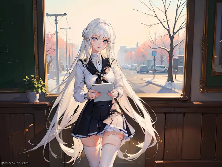 ((Masterpiece，full bodyesbian，schoolgirls，being thin》)，High details，Best quality.
8K，（Soft light），Cinematic light，Beautiful eyes,
1girll，White hair，white stockings，cozily，clean and meticulous anime art，
art trend，gentlesoftlighting