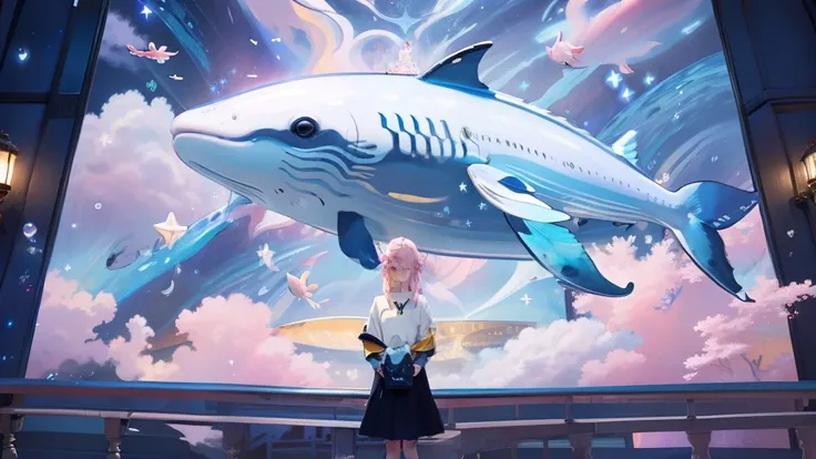 masterpiece, A beautiful painting of a dream of a huge aquarium, a person stands in front of the observatory and looks at whales through the glass. Those animals are swimming in the sea of ​​stars, romantic, fairy light , japanese anime style trending on a...