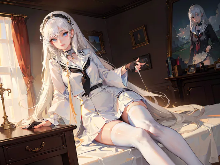 ((Masterpiece，full bodyesbian，schoolgirls，being thin》)，High details，Best quality.
8K，（Soft light），Cinematic light，Beautiful eyes,
1girll，White hair，white stockings，cozily，clean and meticulous anime art，
art trend，gentlesoftlighting