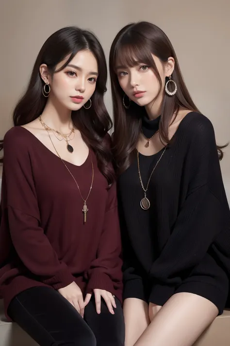 Styles worn by sweet women in autumn and winter in casual scenes。Facial hair design romantic curls with side bangs。Hairstyle silhouette is long wave and luxurious style。Hair color is burgundy and deep。Hair Styling Sweet Elegance by Blade Bang。Tops warm sha...