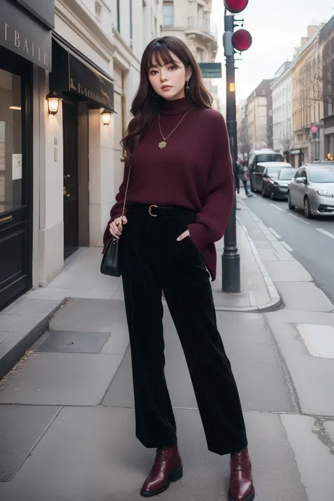 Styles worn by sweet women in autumn and winter in casual scenes。Facial hair design romantic curls with side bangs。Hairstyle silhouette is long wave and luxurious style。Hair color is burgundy and deep。Hair Styling Sweet Elegance by Blade Bang。Tops warm sha...