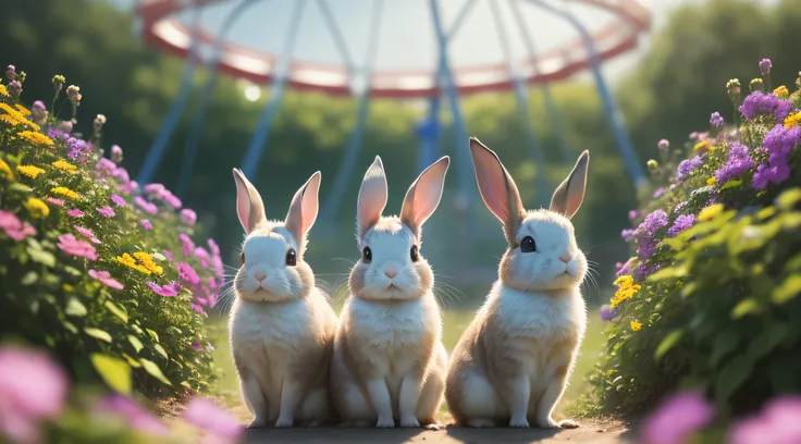 Close-up photo of rabbits in sunny amusement park，clean backdrop，depth of fields，largeaperture，photography of，butterflys，volume fog，Halo，blooms，Dramatic atmosphere，at centre，the rule of thirds，200 mm 1.4F macro shooting