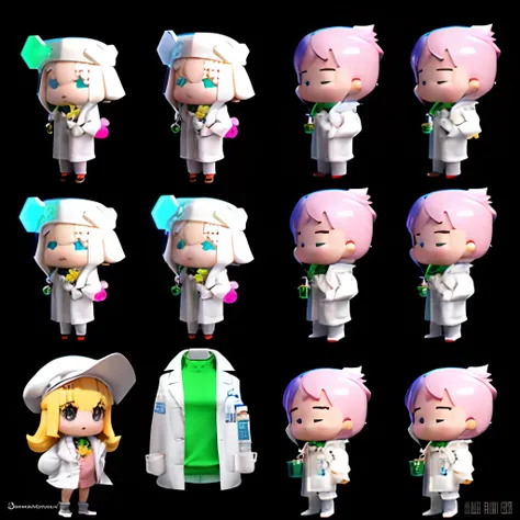 Boy Full Body 3D Drawing、1pc、Good looking eyes、big eye、cute little、happiness、c4d、pop matt blind box、Glowing bubbles、Toys、Single-color background、Chibi、fluorescent translucent、Luminescent、kawaii、human - shaped、(((scientist、white lab coat)))、Reference table、...