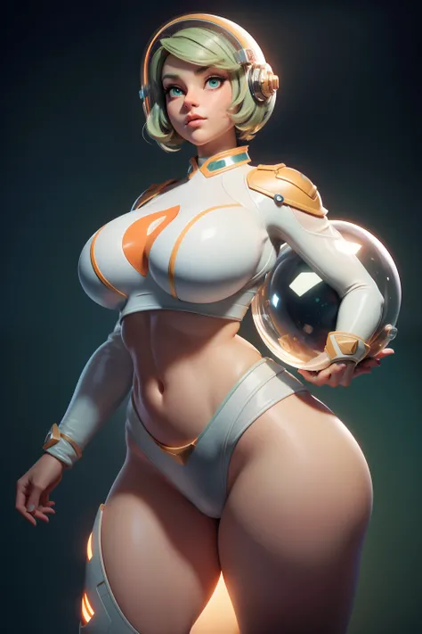 gorgeus voluptuous space cadet girl, bubble glass space helmet, deep green almond-shaped eyes, short blond hair, ridiculously small and tight white and orange bikini, perfect huge breasts, voluptuous wide hips, muscular thighs, muscular arms, sexy voluptuo...