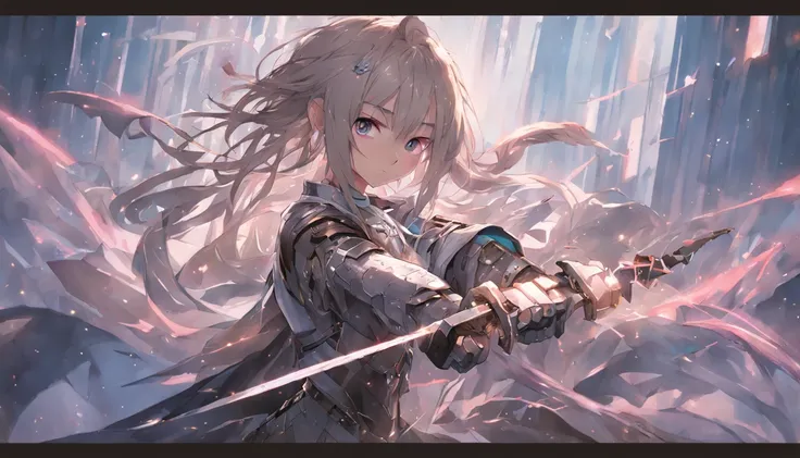 (masterpiece, top quality, best quality, official art, beautiful and aesthetic:1.2),weapon, sword, holding, multiple girls, blue eyes, long hair, looking at viewer, armor, fingerless gloves, holding weapon, gloves, holding sword, standing, hair ornament, b...