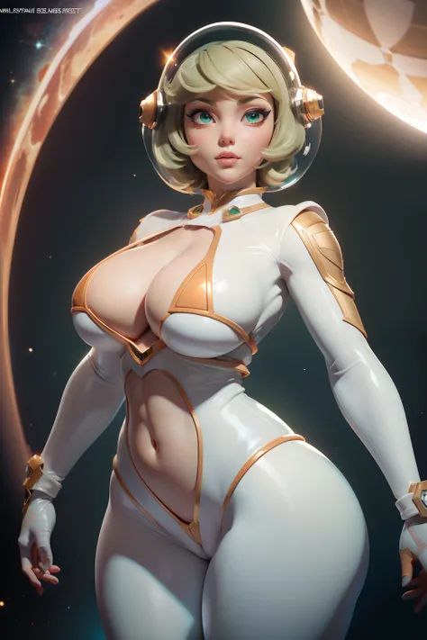 gorgeus voluptuous space cadet girl, bubble glass space helmet, deep green almond-shaped eyes, short blond hair, ridiculously small and tight white and orange micro bikini, perfect huge breasts, voluptuous wide hips, muscular thighs, muscular arms, sexy vo...