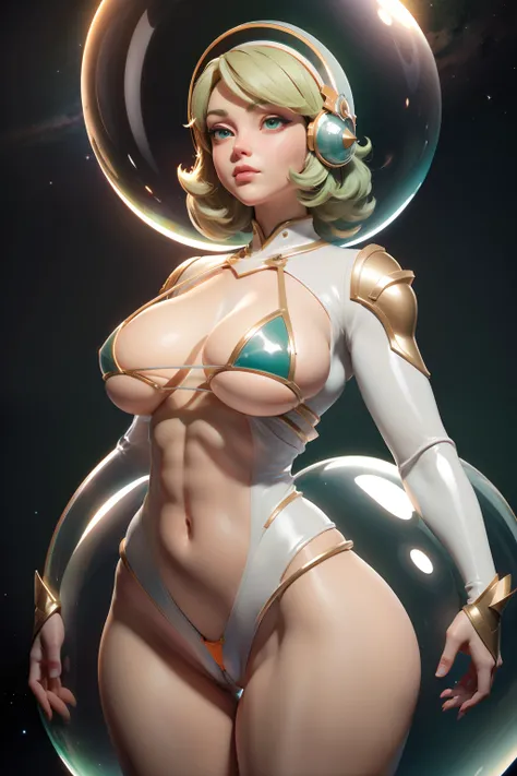 gorgeus voluptuous space girl, bubble glass space helmet, deep green almond-shaped eyes, short blond hair, ridiculously small and tight white and orange micro bikini, perfect huge breasts, voluptuous wide hips, muscular thighs, muscular arms, sexy voluptuo...