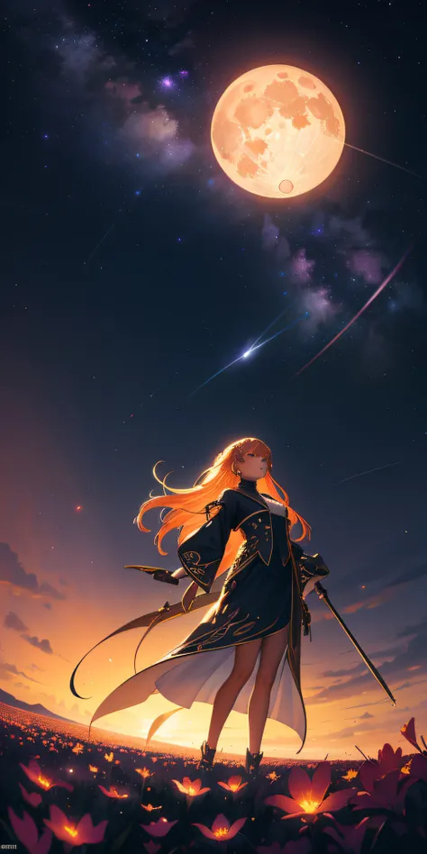 expansive landscape photograph , (a view from below that shows sky above and open field below), a girl standing on flower field looking up, (full moon:1.2), ( shooting stars:0.9), (nebula:1.3), distant mountain, tree BREAK
production art, (warm light sourc...