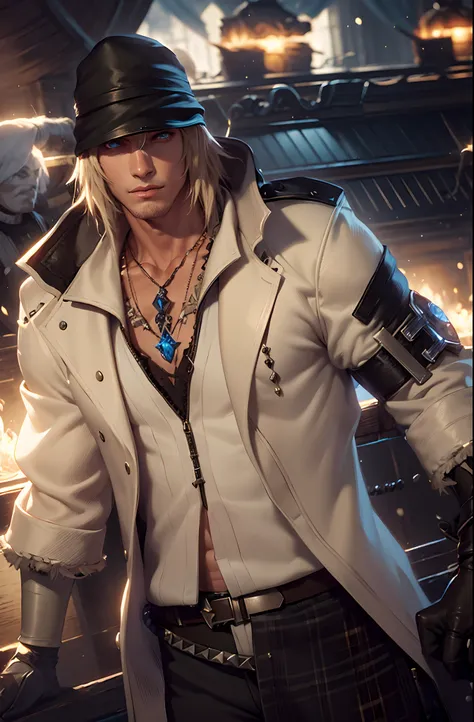 Snow Villiers, Final Fantasy XIII, ojos azules hermosos, cabello rubio, sombrero totalmente negro y guantes negros, gabardina beige sostenida en la mano, Camisa negra holgada, estilo de mmorpg, Hombre guapo, Muscles of anatomical and detailed proportions.