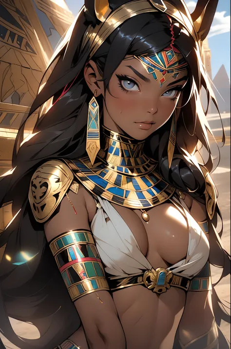 ((Frank Frazetta)), Beautiful full-bodied black woman, Beautiful eyes、 Egyptian woman, Egyptian adornments, muscular and perfect body,(top-quality、8K、32K、​masterpiece、nffsw:1.3)、超A high resolution,(Photorealsitic:1.4),, long black hair with heavy bangs on ...