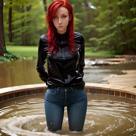 woman, wet clothing, taking a bath, skinny jeans, black ankle boots, red head, green eyes, soaking wet