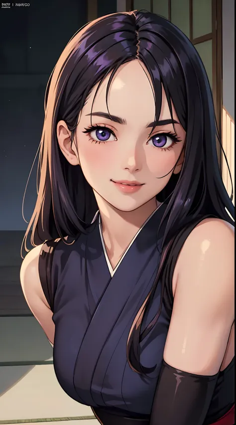 a beautiful woman with sleek dark purple long hair, a delicate and enchanting face, her eyes are sharp and piercing, a cunning smile, she has a slender figure, a fantasy-style form-fitting ninja outfit, the character design reflects a fantasy-style ninja b...