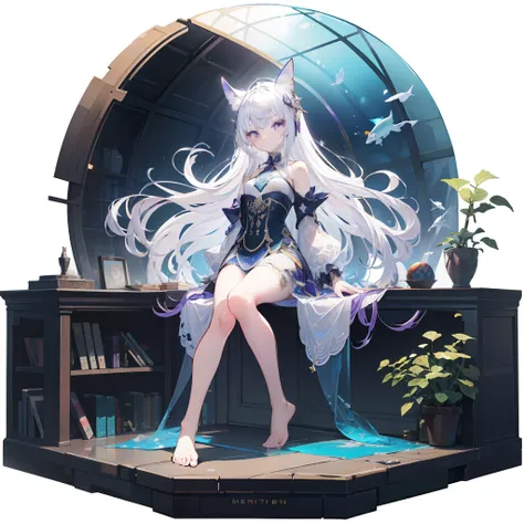 [(Transparent background:1.5)::5],(((Masterpiece))),(((Best quality))),(((Extremely detailed))),illustration, 1girll,Solo,mysterious,vivd colour,Shiny, Underwater transparent sealed hemispherical glass dome, (White hair),(Purple eyes), full bodyesbian,Bare...