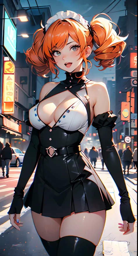 maid girl,(((1girl))),((anime maid girl with extremely cute and beautiful orange hair walking seductively down the street)),

(large breasts:1.4),bountiful breasts,fluffy breasts,H cup bust,bust up,bulging bust top,(((orange twintails hair:1.35,colored inn...