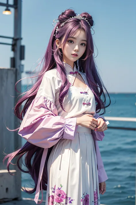 （tmasterpiece、best qualtiy、A high resolution），white backgrounid，hand painted style，Modeling style（（Color mixing，Splash ink、Color mixing）），Sweet Chinese girl，long light purple hair，[light violet|amaranth]the hair，curlies，glitters，Pink lips，white  skirt，fron...