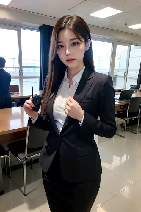 best qualtiy，tmasterpiece，超高分辨率，（realisticlying：1.4），RAW photogr，filmgrain，1girll，long whitr hair，silber hair，Detailed eyes and face，white business suit，动态照明，Staff working in government halls，deep shading，low tune，Cowboy shooting