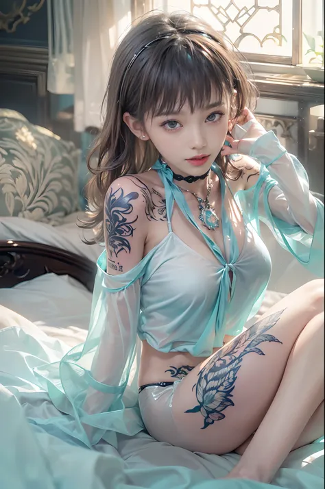 (Gorgeous atmosphere based on white)、​masterpiece、独奏、A highly detailed、Ultra-detailed、超A high resolution、Photorealsitic、Crystal clear white skin、((Blouse made of transparent light fabric、pale blue shirt with wide open chest、 areola is see-through、Black tat...