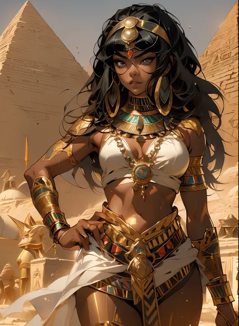 ((Frank Frazetta)), beautiful black woman, Beautiful black eyes、 Egyptian woman, (Glossy Egyptian ornaments), muscular and perfect body,(top-quality、8K、32K、​masterpiece、nffsw:1.3)、超A high resolution,(Photorealsitic:1.4),, long black hair with heavy bangs o...