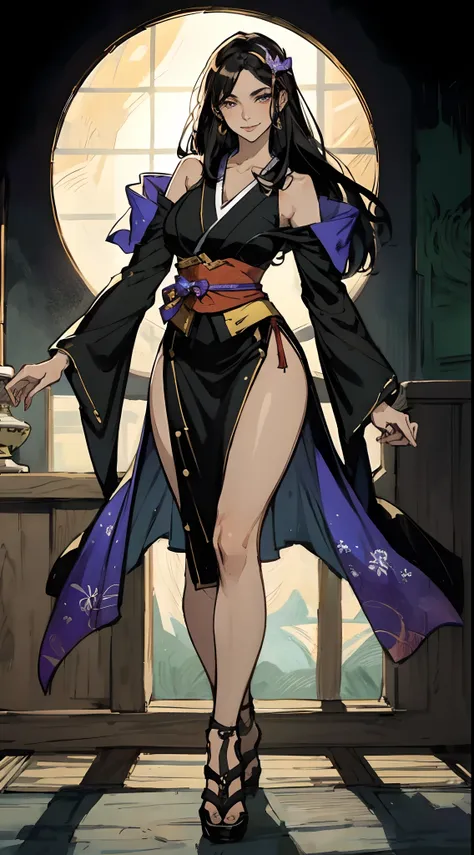 a beautiful woman with sleek dark purple long hair, a delicate and enchanting face, her eyes are sharp and piercing, a cunning smile, she has a slender figure, a fantasy-style form-fitting ninja outfit, the character design reflects a fantasy-style ninja b...